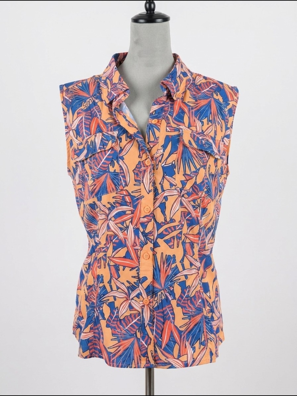 Silver Bait Fishing Shirt Size Large Tropical Print Sleeveless Button Front